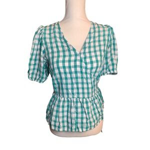 Loft Teal White Gingham Wrap Top Short Puff Sleeve Peplum Top Womens Preloved